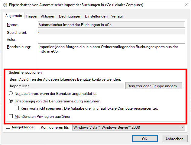 Eigenschaften der angelegten Aufgabe
