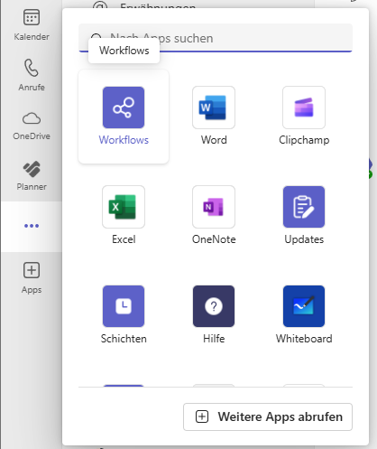 Auswahl der Workflows-App in der Seitenleiste von Teams