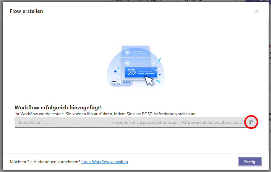 Fertiggesteller Einrichtungsassistent mit URL für die Webhook