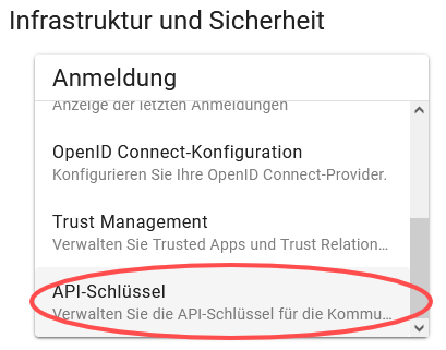 Menüeintrag für API-Schlüssel