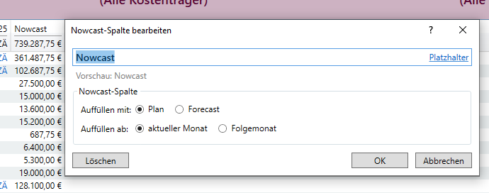 Nowcast-Spalte und die zugehörige Bearbeitung